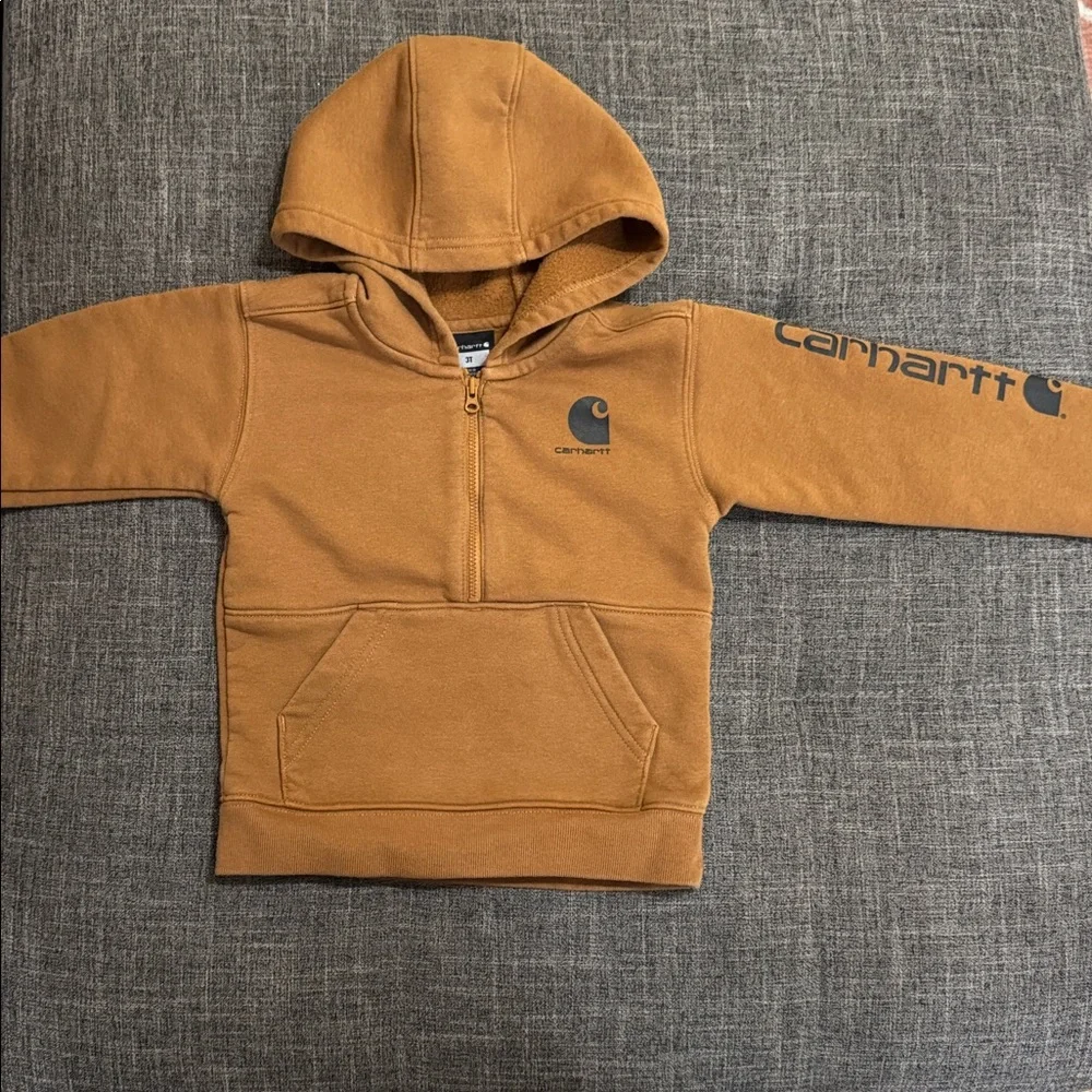 Carhartt Toddler Brown Half-Zip Hoodie – Size 3T | Logo Sleeve | Great Condition - Picture 2 of 5